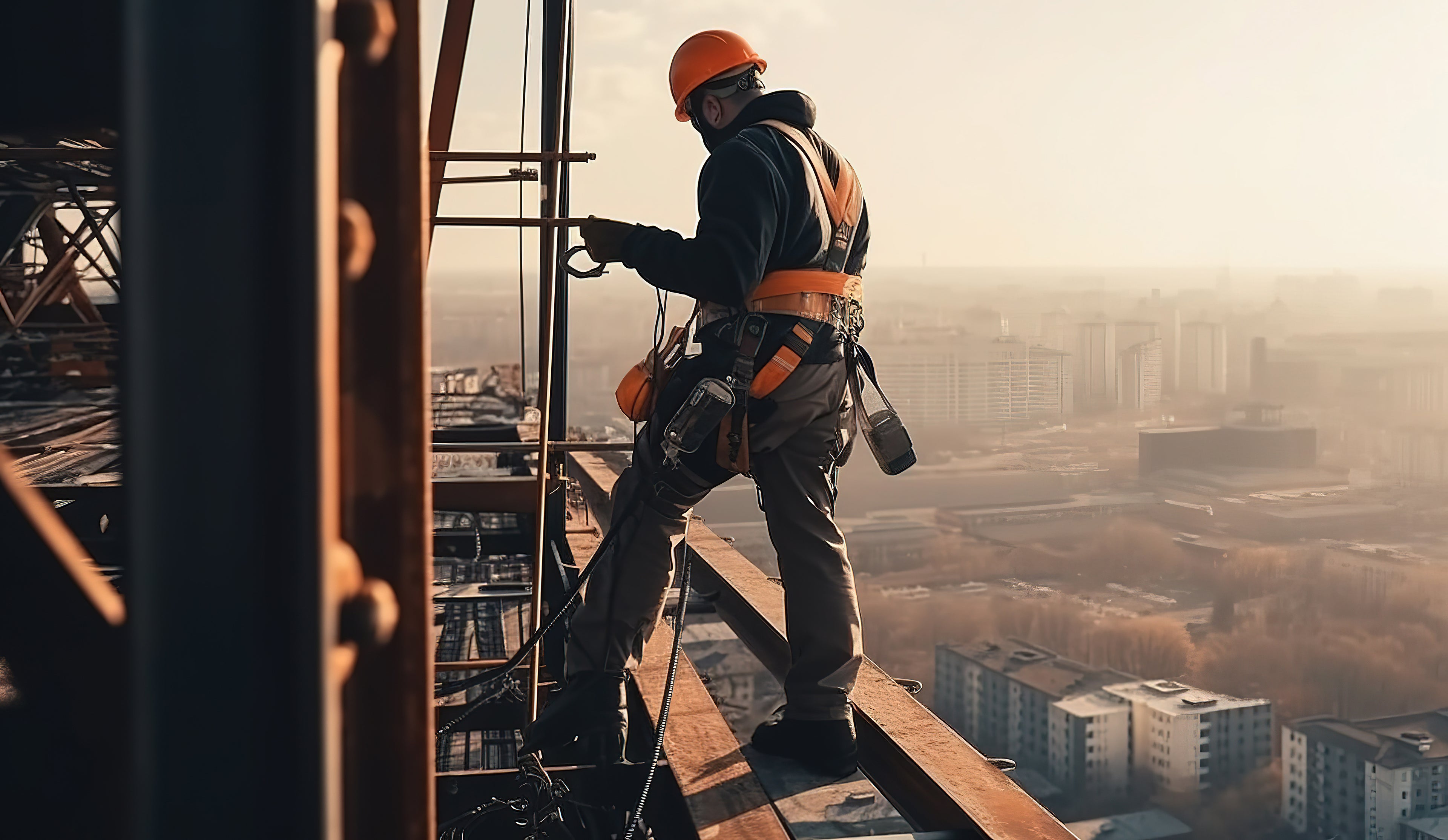 Construction worker on steel building frame of a high rise building overlooking a city